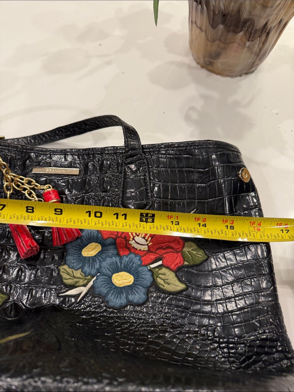 Brahmin Black Floral Embroidered Tote Bag with Red Tassel Charm - Picture 13 of 17
